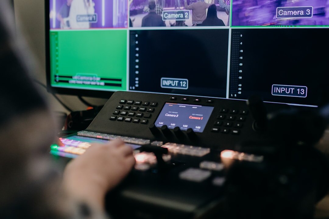 Broadcast control room with multiple monitors for a live news edition